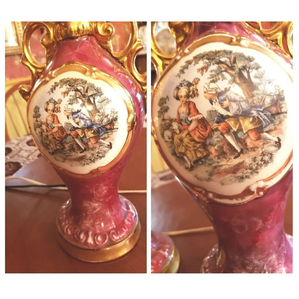 Pair of Vintage Pink Porcelain Victorian Courtship Scene Table Lamps - Gold trim
